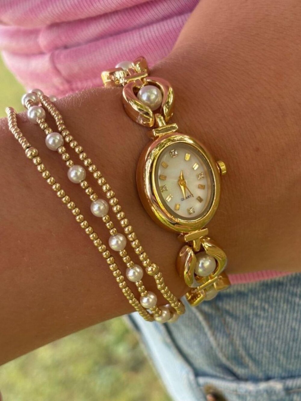 Cute Gold Faux Pearl Strap Watch Preppy Y2K OS